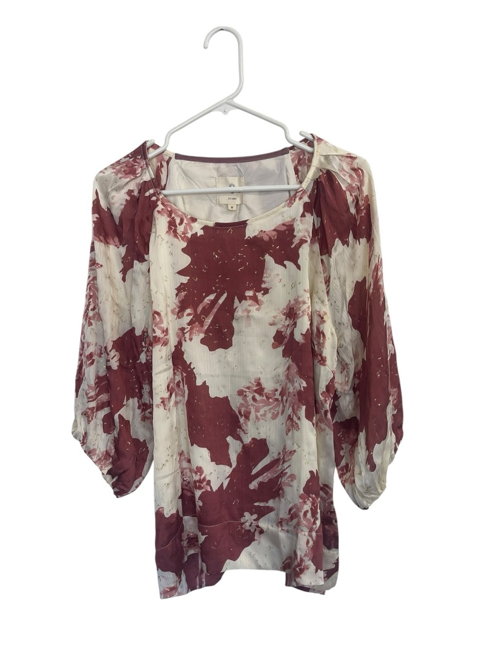 Umgee Cream & Burgundy Floral Tie-Dye Peasant Blouse